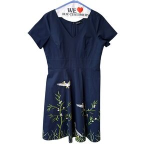 eShakti Navy Blue Embroidered Bird Botanical Fit Flare Midi Dress Pockets XL 16